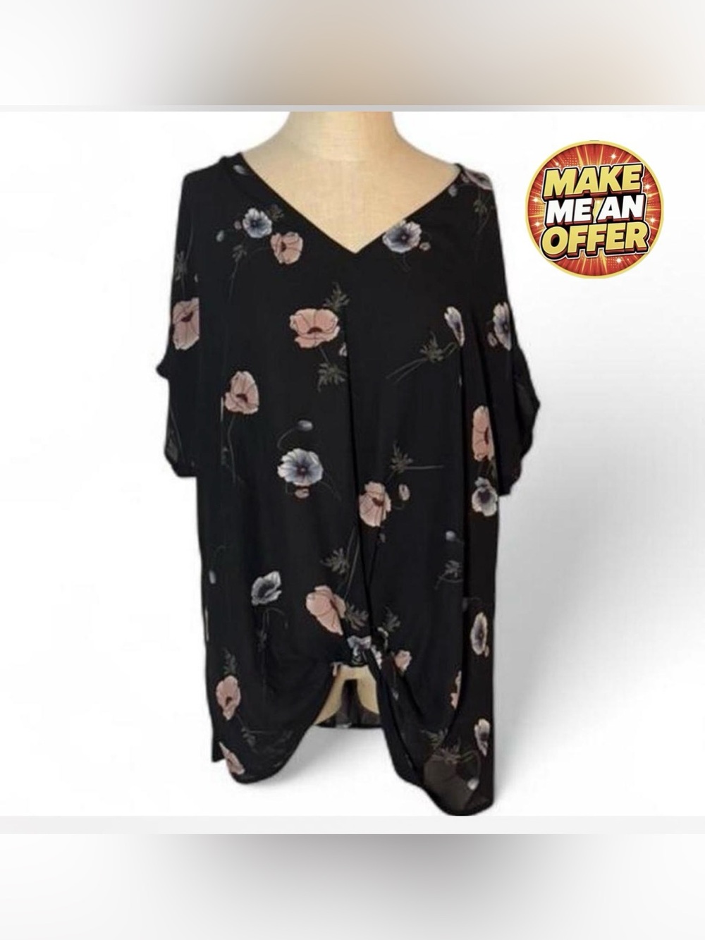 Brand New Black Flower Print V-Neck Shirt - SZ XXL